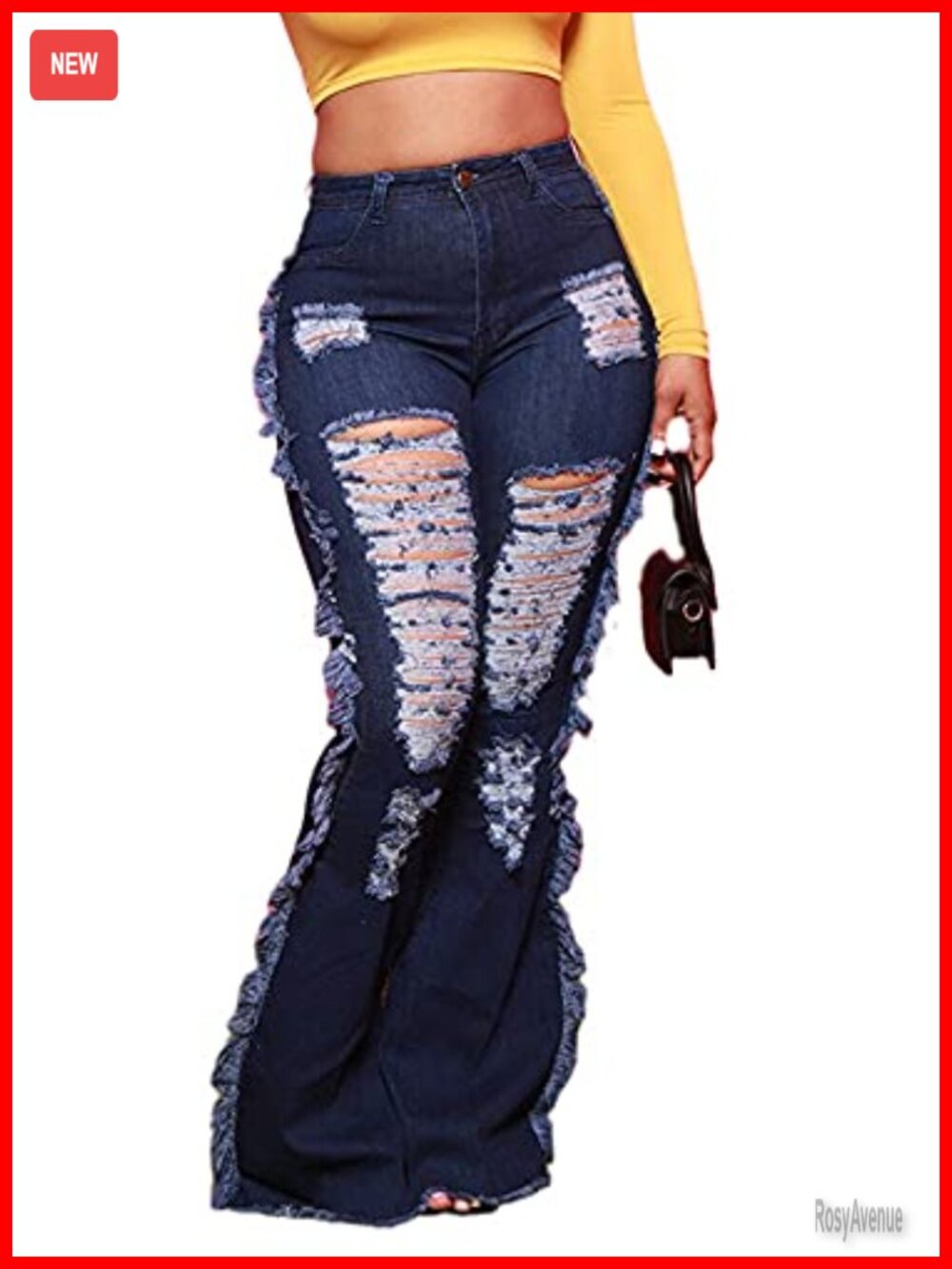 Women's Bell Bottom Jeans Destroyed Ripped Flare Elastic Waist Raw Hem Denim